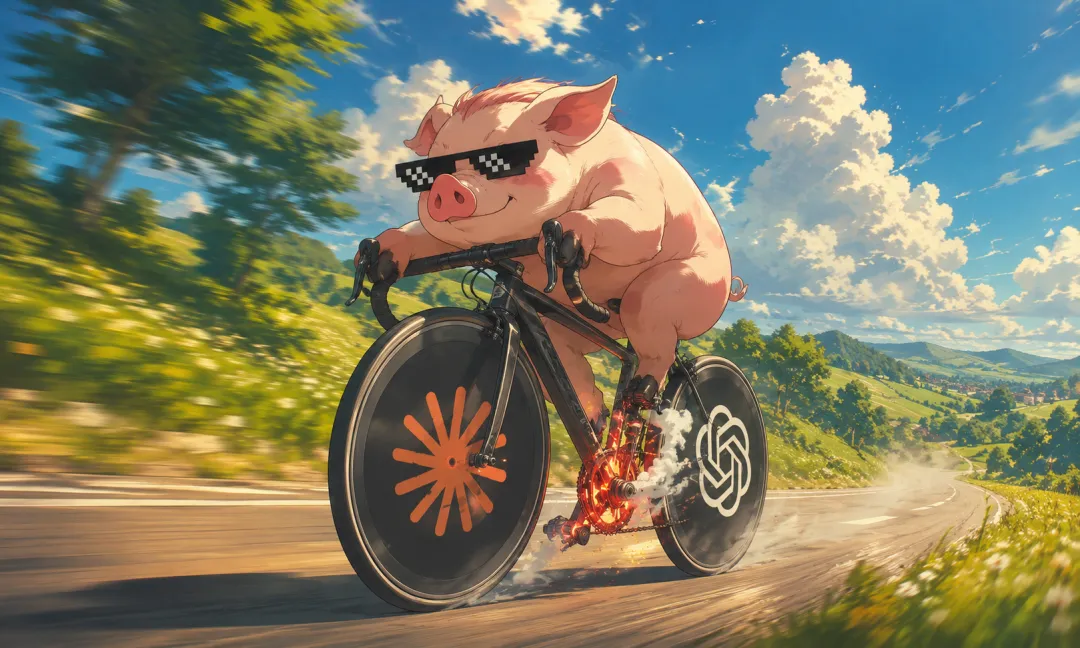 A pig pedaling an AI bicycle at full speed