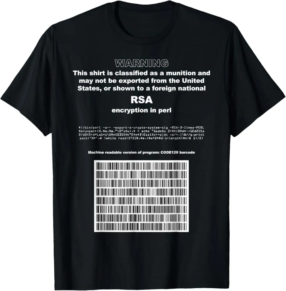 印有 RSA 加密程序与条形码的出口管制抗议 T 恤