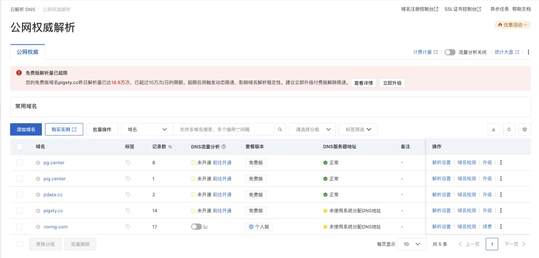 阿里云 DNS 控制台里的域名和超限提示