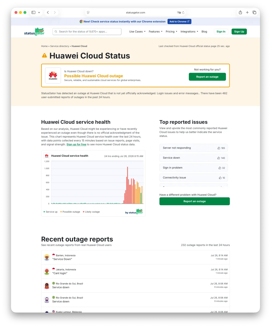 StatusGator 华为云状态页与用户报障统计